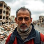 Humanitarian worker amidst destruction in Gaza.