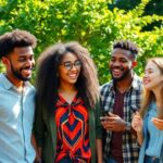 Diverse young people sharing ideas in a sunny outdoor setting.