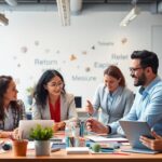 Diverse professionals collaborating in a modern workspace.