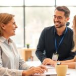 Customer service representative helping a client in an office.