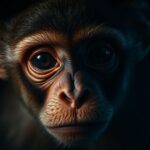 Distressed monkey in dark surroundings, expressing fear and sadness.