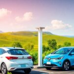 Electric vehicles charging in a green landscape.