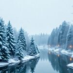 Winter landscape with snow, evergreen trees, and river.