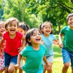 Diverse children playing joyfully in a sunny park.