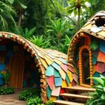Colorful cobogó designs in a green Brazilian landscape.