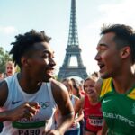 Athletes competing at the Bréal Cup near the Eiffel Tower.