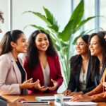 Diverse women collaborating in a modern conference room.