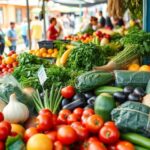 Colorful fruits and vegetables at a lively market stall.