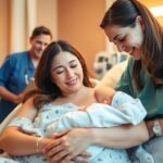 Mother with newborn in a hospital room with staff.