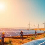 African workers with solar panels and wind turbines in view.