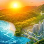 Diverse ecosystems with renewable energy and sustainable city elements.