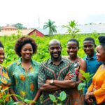Diverse African entrepreneurs collaborating in a green environment.