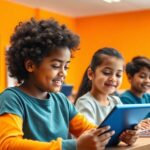 Students using AI tools in a vibrant classroom setting.