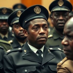 Kizza Besigye in military court surrounded by military personnel.