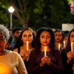 Activists holding candles in a vigil for human rights.