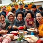 Community gathering with smiling people enjoying togetherness outdoors.