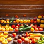 Solar dryer with fruits and vegetables for natural preservation.