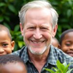 James P. Grant with children in a vibrant outdoor setting.