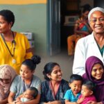 Diverse community health workers interacting with families outdoors.