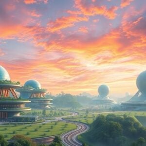 Futuristic landscape with technology integrated into nature.