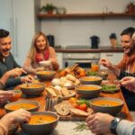 Cozy kitchen table with friends and homemade soup.