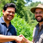 Guilherme and Josh shake hands outdoors, smiling warmly.