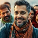 Khaled Hosseini with diverse individuals promoting asylum rights.