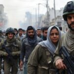 Soldiers and civilians in a tense Gaza street scene.