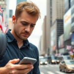 Concerned Australian abroad with smartphone and landmarks.
