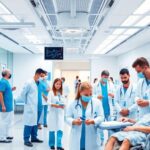 Diverse healthcare professionals collaborating in a modern medical facility.
