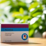 Novo Nordisk product on a wooden table with greenery.