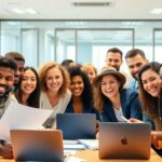 Diverse group discussing grant applications in an office.
