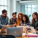 Group of entrepreneurs collaborating in a bright workspace.