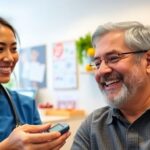 Healthcare professional and diabetic patient in a clinic.
