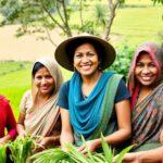 Rural women working together in a lush green field.