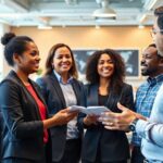 Diverse professionals collaborating in a modern office setting.