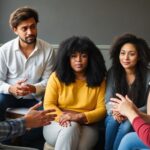 Diverse group discussing HIV awareness and education.