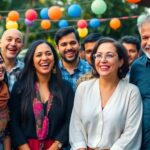 Diverse group celebrating together in a joyful outdoor setting.