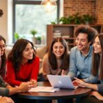 Diverse team collaborating in a warm, inviting setting.