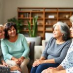 Diverse women talking together in a warm, supportive setting.