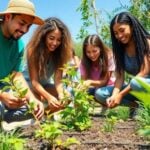 Young entrepreneurs gardening in a sunny, green environment.