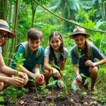 Young conservationists planting trees in a lush green forest.