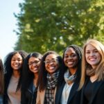 Diverse journalism mentees smiling together in a park.