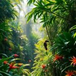 Lush Amazon rainforest with diverse wildlife and plants.