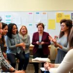 Group of educators collaborating in a bright classroom.