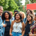 Diverse individuals discussing human rights outdoors, united for justice.