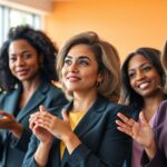 Diverse women in business attire discussing economic empowerment.