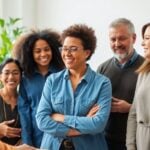 Diverse people collaborating in a supportive work environment.
