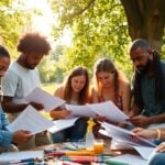 Diverse individuals collaborating outdoors for grant applications.