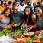 Community members cooking and sharing food together.